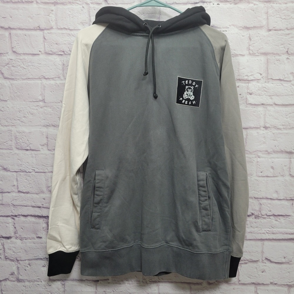 Teddy‎ Fresh Hoodie Color Block Grayscale Size M Stitched Logo Pockets Pullover